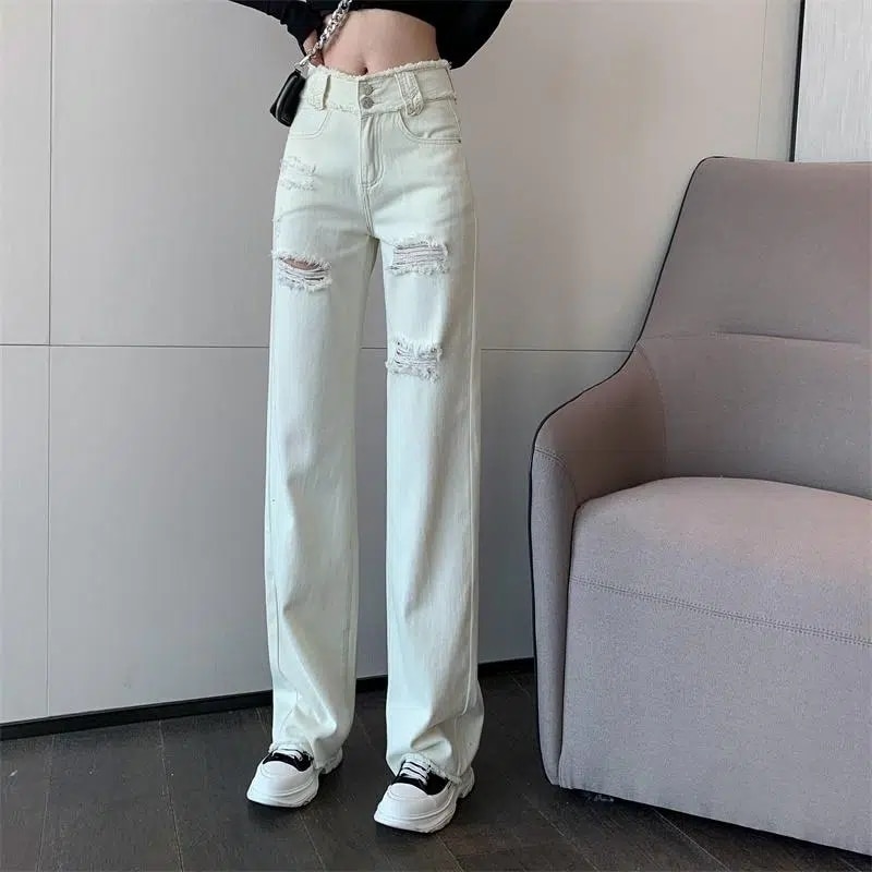 White High Waist Ripped Denim Loose Straight Wide Leg Draped Korean Version Of Raw Edge Pants Women's Spring And Summer  Jeans
